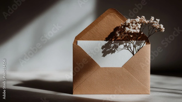 Fototapeta beautifully designed wedding invitation placed inside stylish envelope with ar blurred white text bars