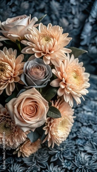 Fototapeta Close-up of a bouquet of roses and chrysanthemums on a beautiful blue flower background