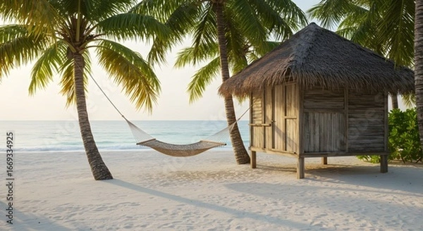 Fototapeta Serene Tropical Beach with Hammock and Hut







