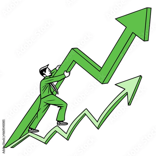 Obraz Vector art of businessman climbing an upward trending green arrow representing financial growth and market success