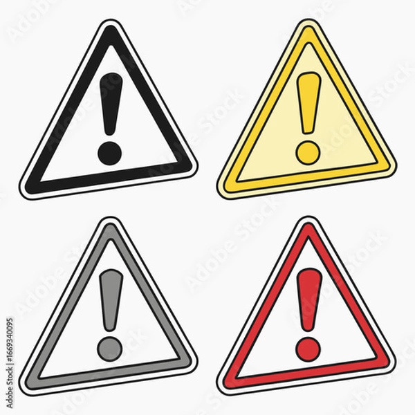 Obraz Vector art of collection of four different colored warning signs with exclamation marks inside triangles, isolated on a