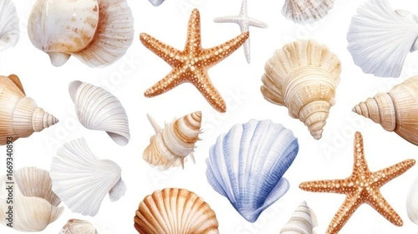 Fototapeta Hand-painted watercolor pattern with coastal shells and starfish for seamless nautical decor