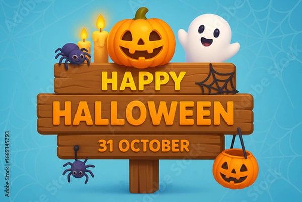 Fototapeta Happy halloween signboard with pumpkins ghost and spider on blue background for october 31