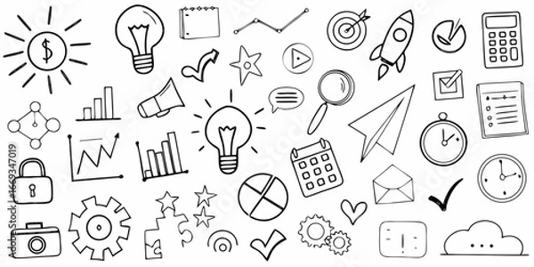 Fototapeta Collection of hand drawn business and finance doodle icons on white background dollar