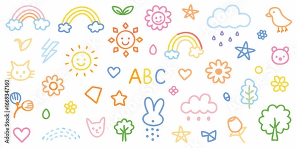 Fototapeta Colorful Hand Drawn Doodle Elements Featuring Rainbows Sun Clouds and Animals