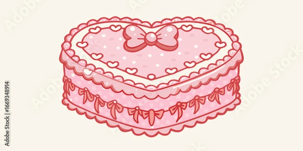 Fototapeta Pink heart shaped cake with red bow and polka dots illustration vector