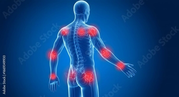 Obraz 3d human body anatomy showing joint pain and inflammation red spots