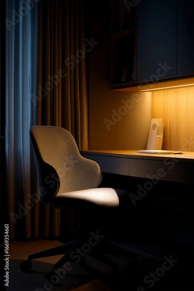 Fototapeta A late-night ergonomic desk with soft ambient lighting A chair with full lumbar support holds the worker comfortably