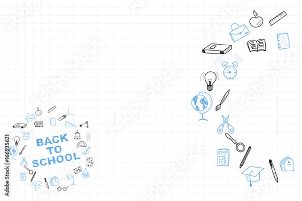 Fototapeta Template on a theme back to school with a sheet in a box. A set of drawing vector elements for education with endolar accessories. Vector illustration.