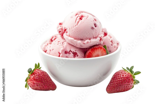 Obraz Delicious strawberry ice cream scoops in a bowl with fresh strawberries png image, food photography, dessert, sweet treat, isolated on transparent background
