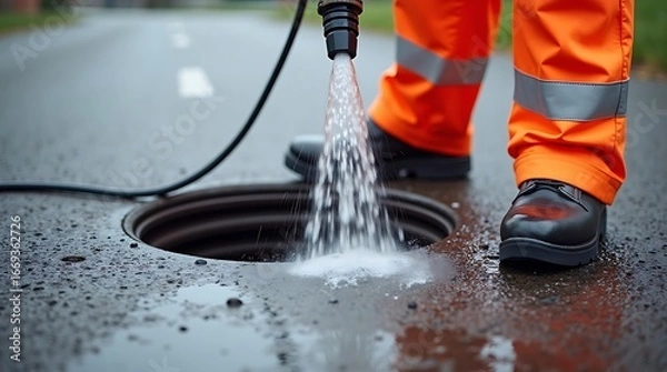 Fototapeta Close up of a worker in bright orange reflective pants and black boots using a high pressure hose to clean a storm drain on a wet street