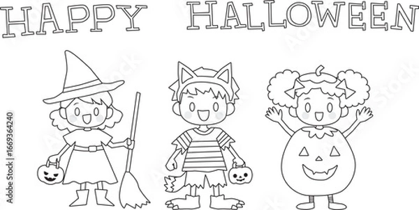 Fototapeta Line drawing of cute kids with Halloween costumes and Happy Halloween text.  Vector Illustration.