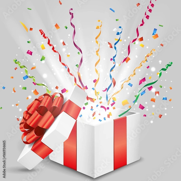 Obraz Open gift with fly streamer and confetti 3d illustration Vector