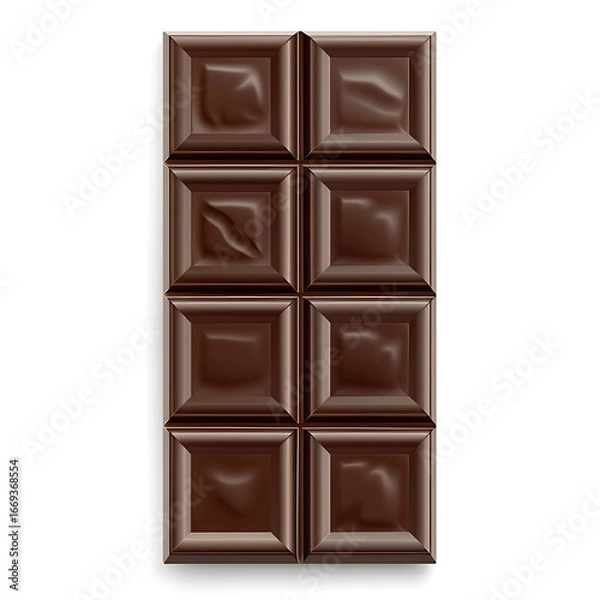 Fototapeta A detailed image of a chocolate bar with six rectangular segments, showcasing a smooth and glossy texture.