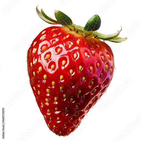 Fototapeta A single ripe strawberry with vibrant red color and green leaves