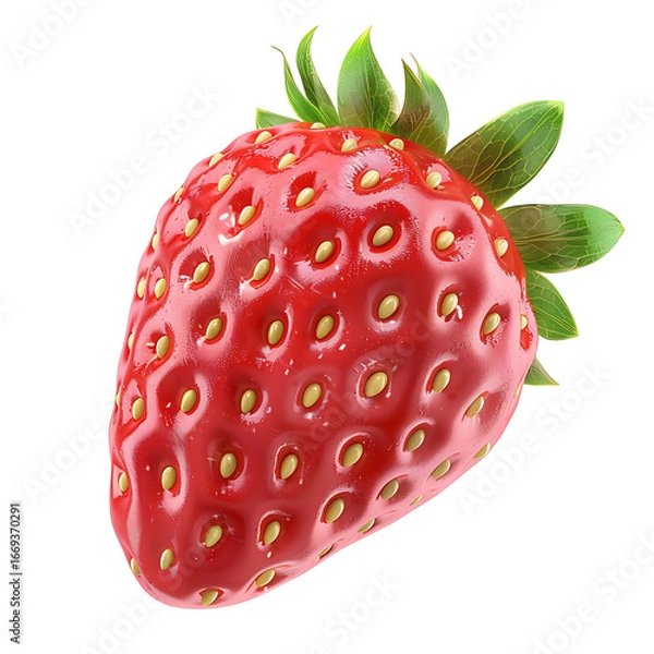 Fototapeta A single ripe strawberry with vibrant red color and green leaves