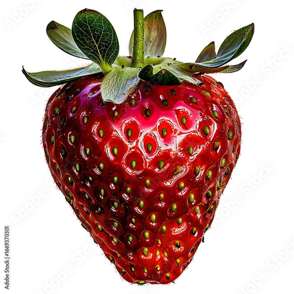 Fototapeta A vibrant, ripe strawberry with green leaves and a glossy red surface.