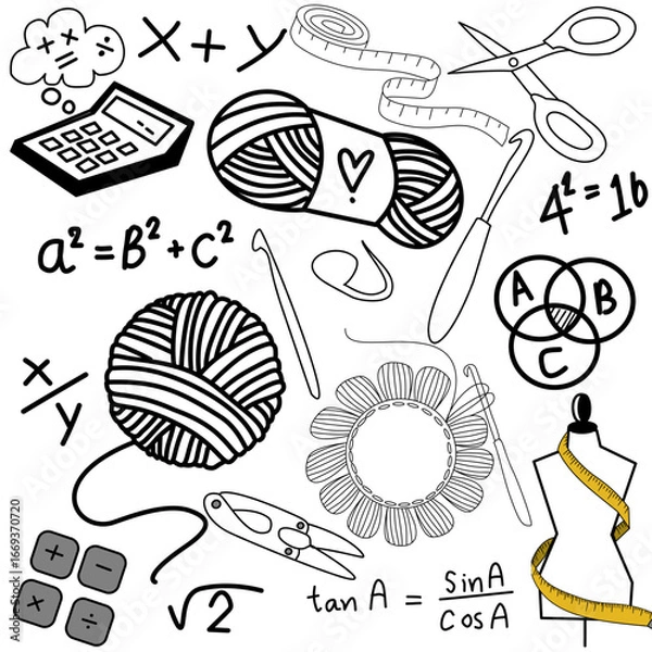Fototapeta set of doodle elements for design crochet and mathematics 