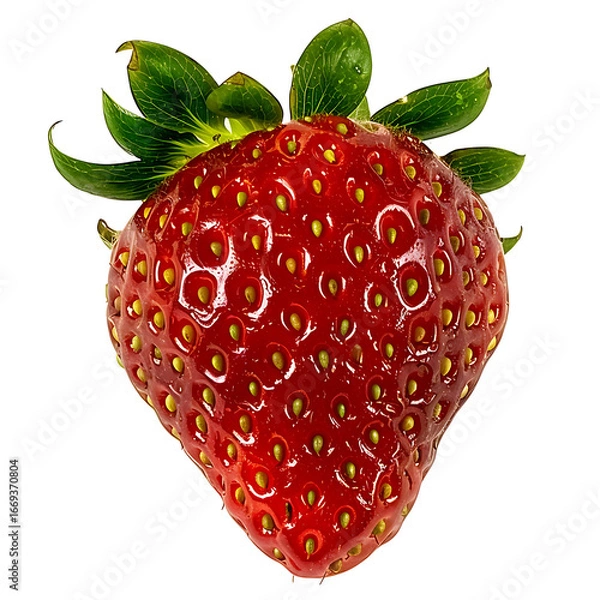 Fototapeta A single ripe strawberry with vibrant red color and green leaves
