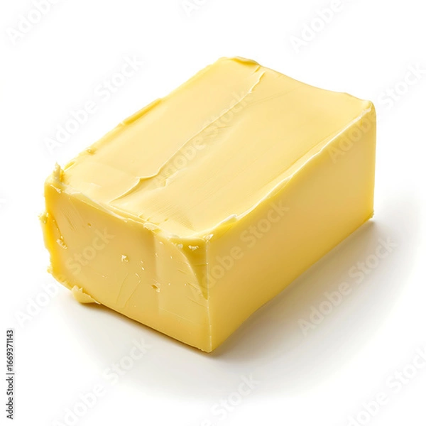 Fototapeta A stick of butter with a smooth, slightly unwrapped surface on a white background