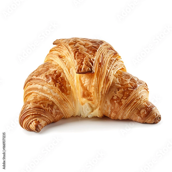Fototapeta Golden, flaky croissant with a glossy surface, isolated on a white background
