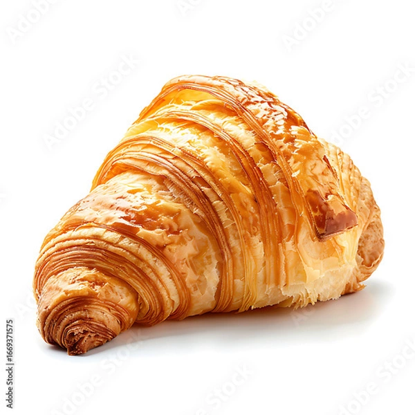 Fototapeta Golden, flaky croissant with a glossy surface, isolated on a white background