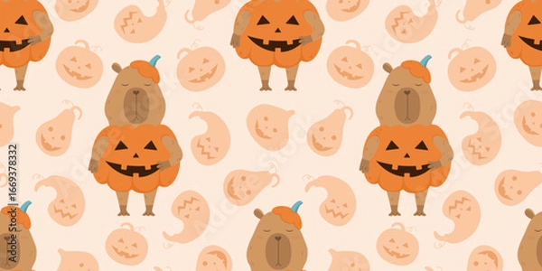 Fototapeta Pattern with capybaras in spooky pumpkin costumes