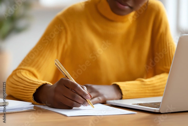 Fototapeta Person in yellow sweater writing on paper with a pen next to an open laptop on a wooden desk in a bright room