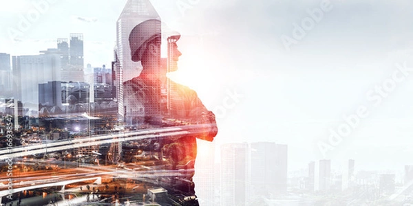 Obraz Builder Man Against Cityscape
