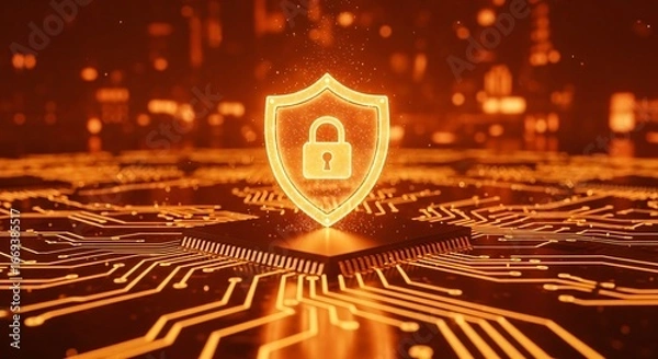 Fototapeta Cybersecurity shield protecting data on vibrant digital circuit