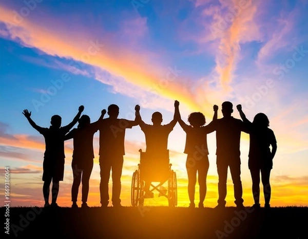 Obraz Silhouette of diverse group, hands raised, sunset