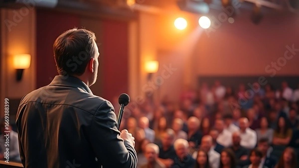 Fototapeta Speaker on stage with blurred audience, warm spotlight highlighting professional event lighting.