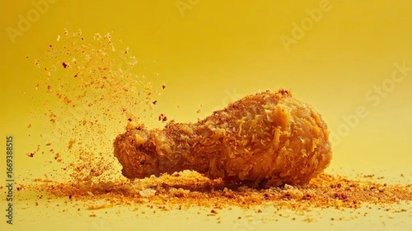 Fototapeta A picture of crispy fried chicken drumstick with chili powder on a yellow studio background