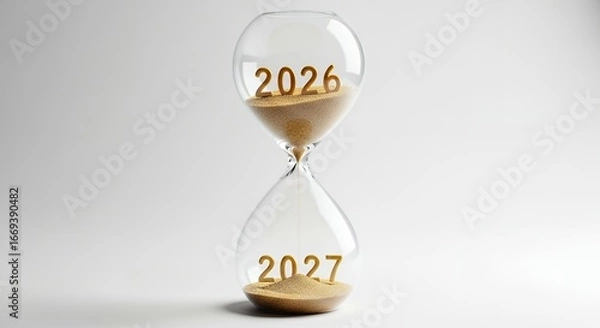 Fototapeta Hourglass with gold numbers 2026 above and 2027 below sand flowing from top bulb to bottom bulb time transition future year antique clock timer countdown passing measurement