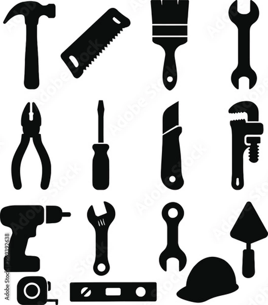 Fototapeta Collection Of Black Silhouette Construction And DIY Tools On White Background hammer