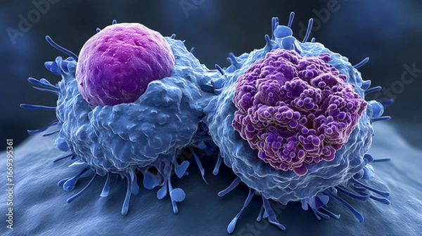 Obraz Two white blood cells interacting, one showing signs of irregular growth, possibly representing a cancerous or diseased cell in a microscopic view