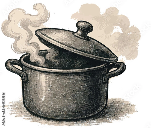 Fototapeta Vintage illustration of a steaming cooking pot with a slightly open lid and smoke on a white background