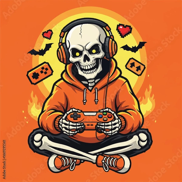 Fototapeta A skeleton wearing headphones and an orange hoodie plays a video game with a controller, surrounded by pixelated hearts, bats, and flames.