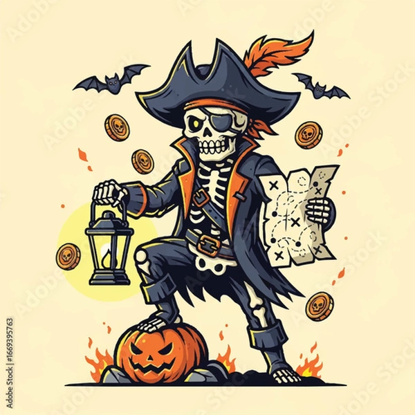Fototapeta A cartoon skeleton pirate holding a glowing lantern and a treasure map, standing on a pumpkin surrounded by bats, gold coins, and small flames.