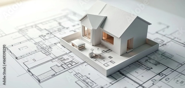 Fototapeta 3D model house on architectural floor plan. Includes exterior building design, interior layout visualization, outdoor space. Clean, minimalist model home construction project, real estate