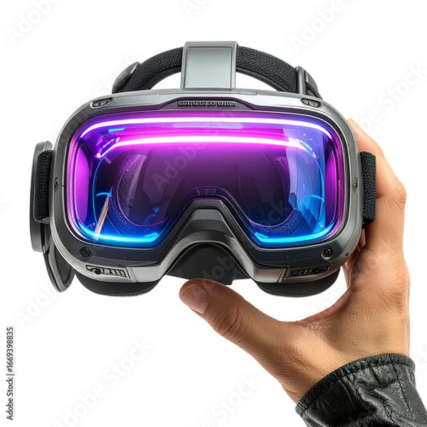 Fototapeta Hand Holding Futuristic VR Headset with Neon Glowing Visor – Isolated on Transparent Background