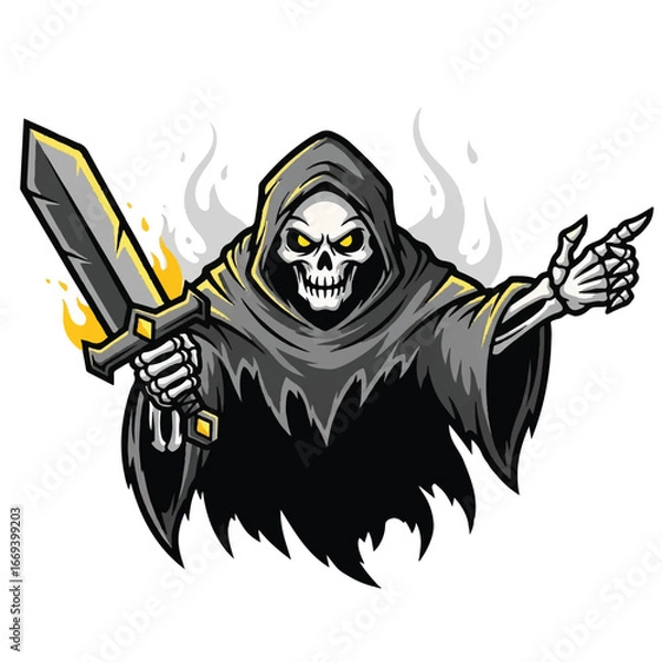 Fototapeta Cartoon grim reaper with sword, pointing. Vector illustration of spooky skeleton character.