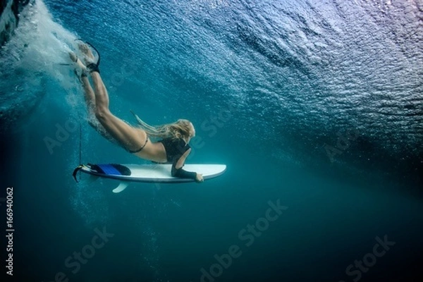 Fototapeta Blondynka Surfer trzyma białą deskę surfingową Diving Duck Dive pod Big Beautiful Ocean Wave. Turbulentna rurka z pęcherzykami powietrza i śladami po rozbiciu się fali morskiej.