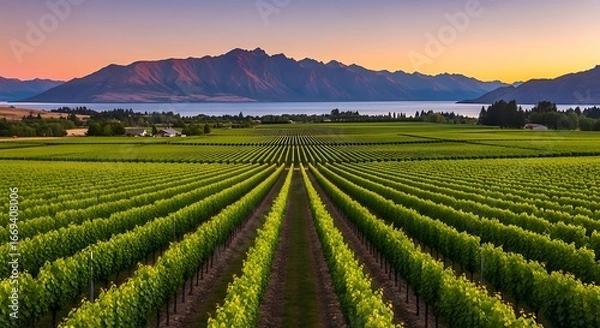 Obraz Serene vineyard rows at sunset with distant mountains and hazy lake landscape