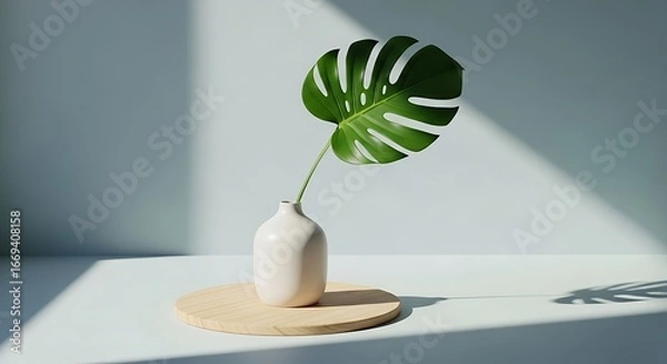 Obraz Monstera leaf in a modern ceramic vase with natural light and shadows creating ambiance