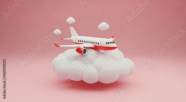 Obraz Whimsical airplane soaring through fluffy white clouds on a soft pink backdrop