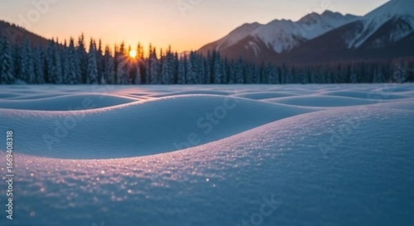 Obraz Serene winter landscape at sunset with snow covered ground and distant mountains and pine trees