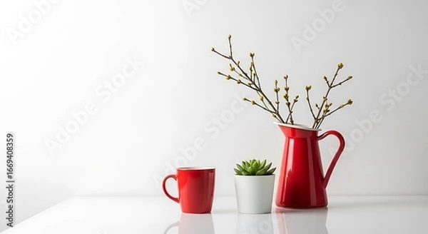 Obraz Cozy home decor scene with red mug potted plant and red pitcher with branches