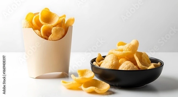Obraz Delicious golden potato fries served in a paper cone and a bowl for a delightful snack