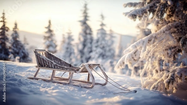 Obraz An abandoned wooden sled rests on a snowy mountainside.
